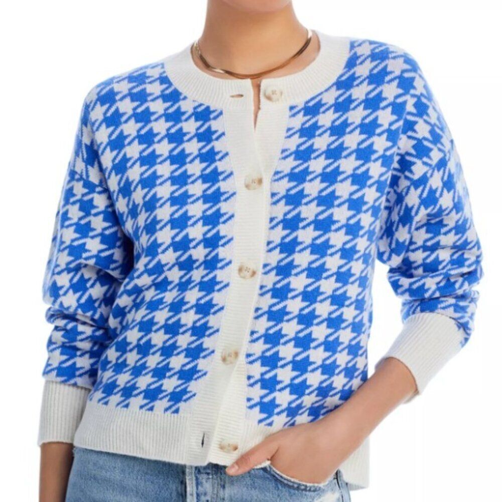 Aqua 100% Cashmere Cardigan XS Blue Houndstooth Sweater $198 Scandi Cottagecore